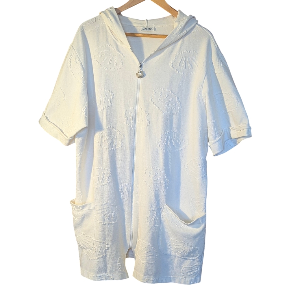 Marena Swimwear White Hooded Coverup One Size Textured Beach Shell Full Zip